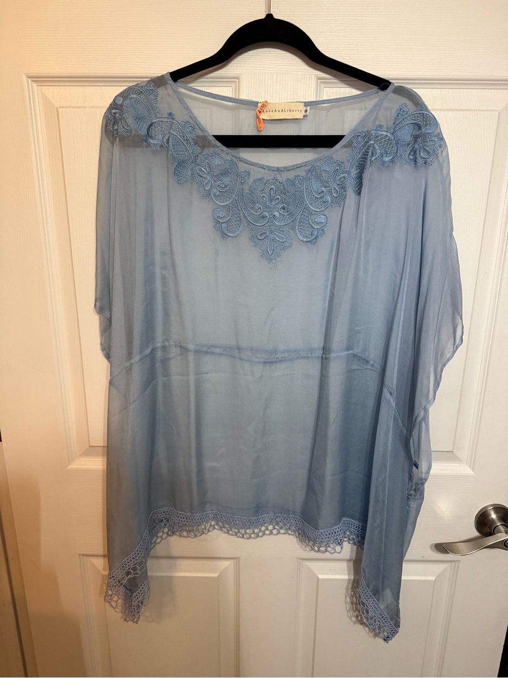 Johnny Was 4 Love and Liberty 100% Silk Sky Blue Sheer Lace-Trim Tunic
